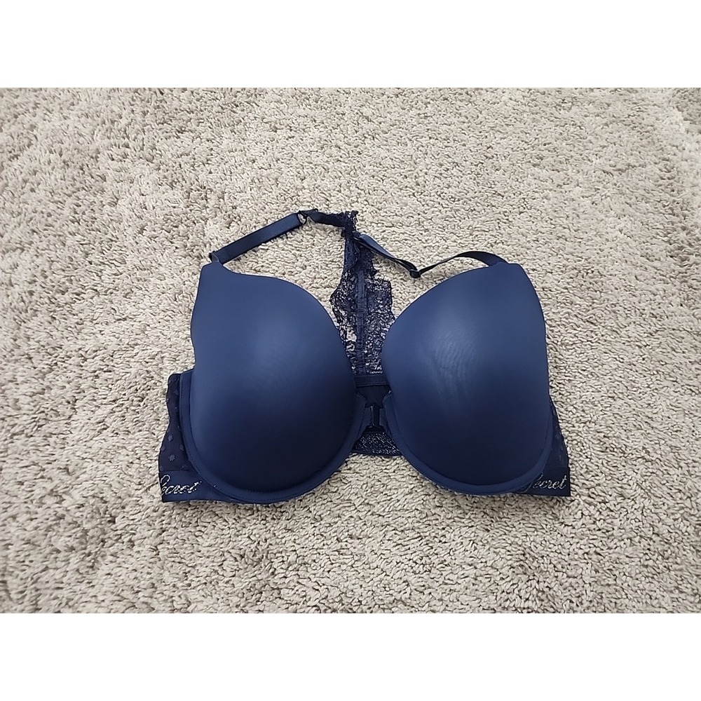 Victoria's Secret Push-Up Bra Womens 38DD Navy Blue Front-Close Lace Racerback